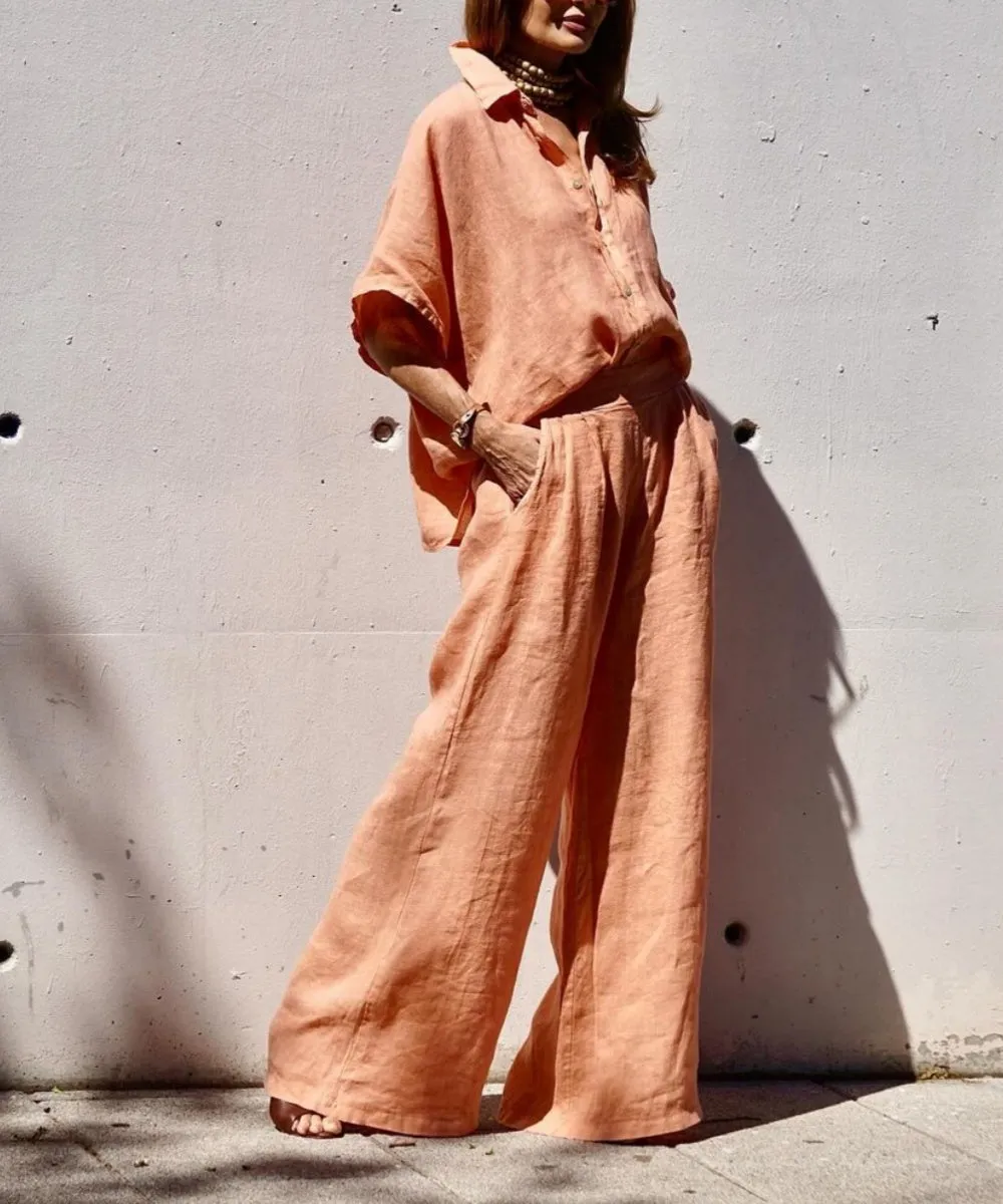 Linen Two-Piece Set | Button-Up Shirt & Wide-Leg Pants | Lightweight & Stylish