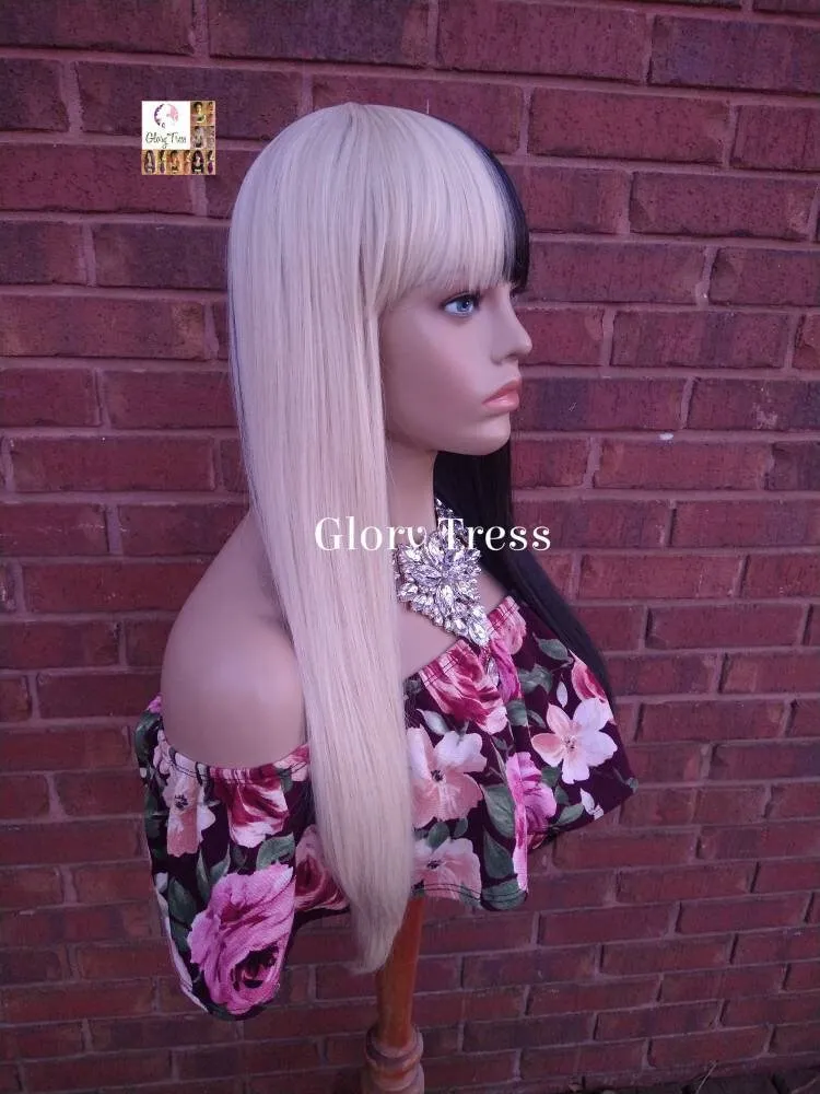 Long Full Wig, Wig with China  Bangs, Half Black/Half Blonde Wig, Glory Tress Wigs // SHOW-STOPPER