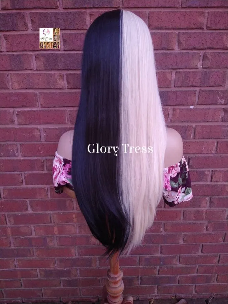 Long Full Wig, Wig with China  Bangs, Half Black/Half Blonde Wig, Glory Tress Wigs // SHOW-STOPPER