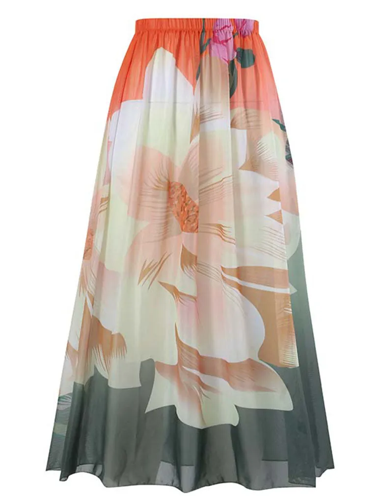 Orange Floral Print Flower Strap One Piece With Bathing Suit Swing Maxi Skirt