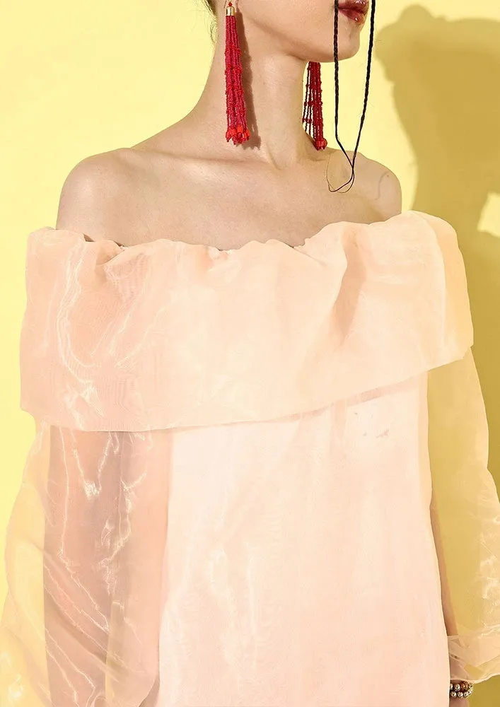 Peach Organza Off-Shoulder Long Sleeve Top