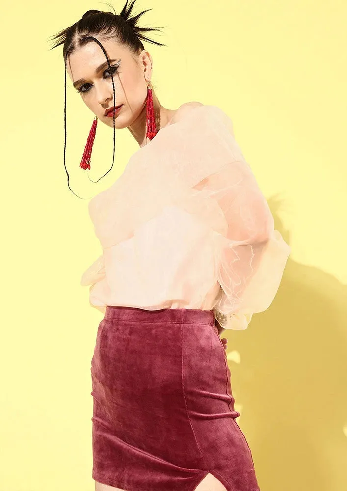 Peach Organza Off-Shoulder Long Sleeve Top