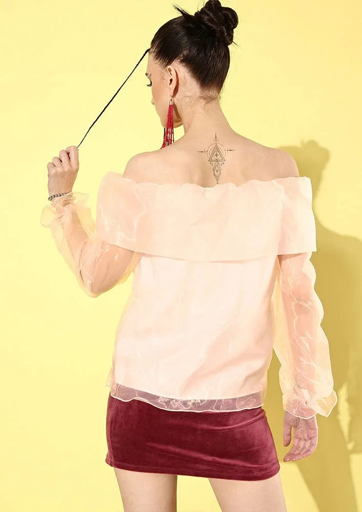Peach Organza Off-Shoulder Long Sleeve Top