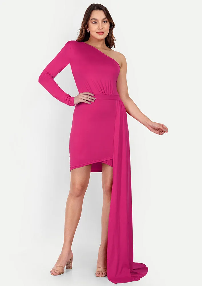 Pink One Shoulder Mini Bodycon Dress With A Long Drape