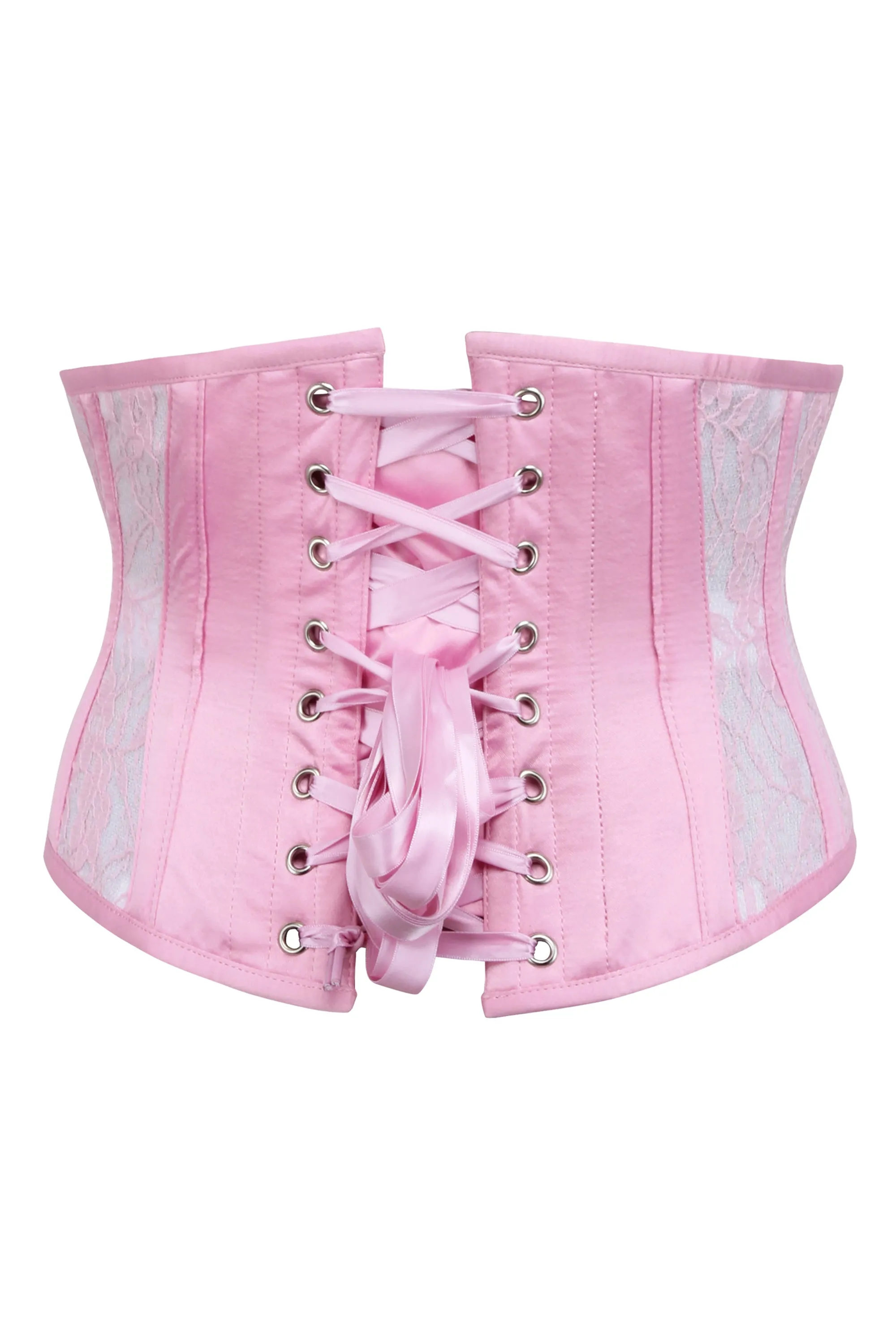 Pink Satin Underbust Corset with Mesh Panels and Lace Overlay