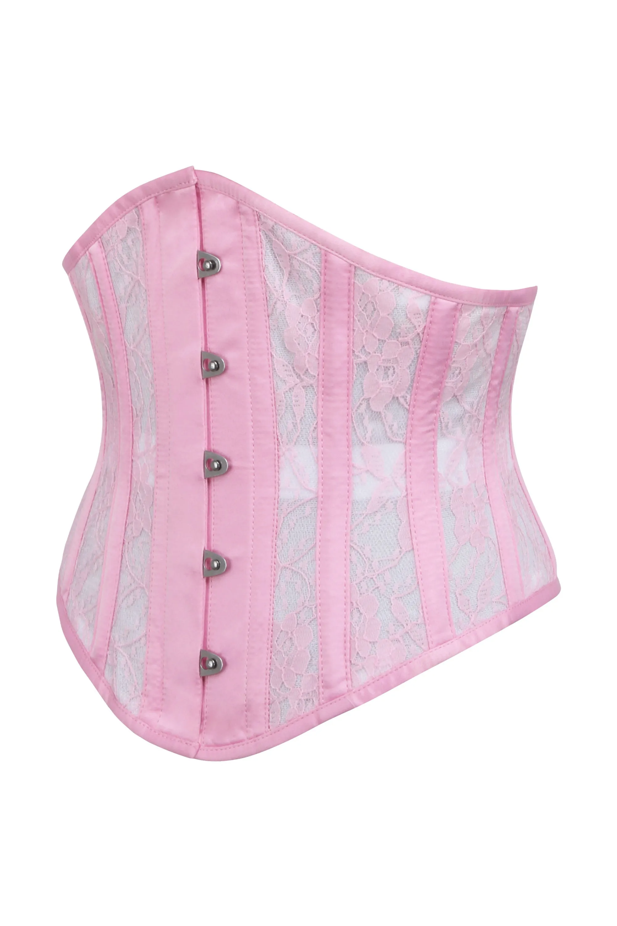 Pink Satin Underbust Corset with Mesh Panels and Lace Overlay