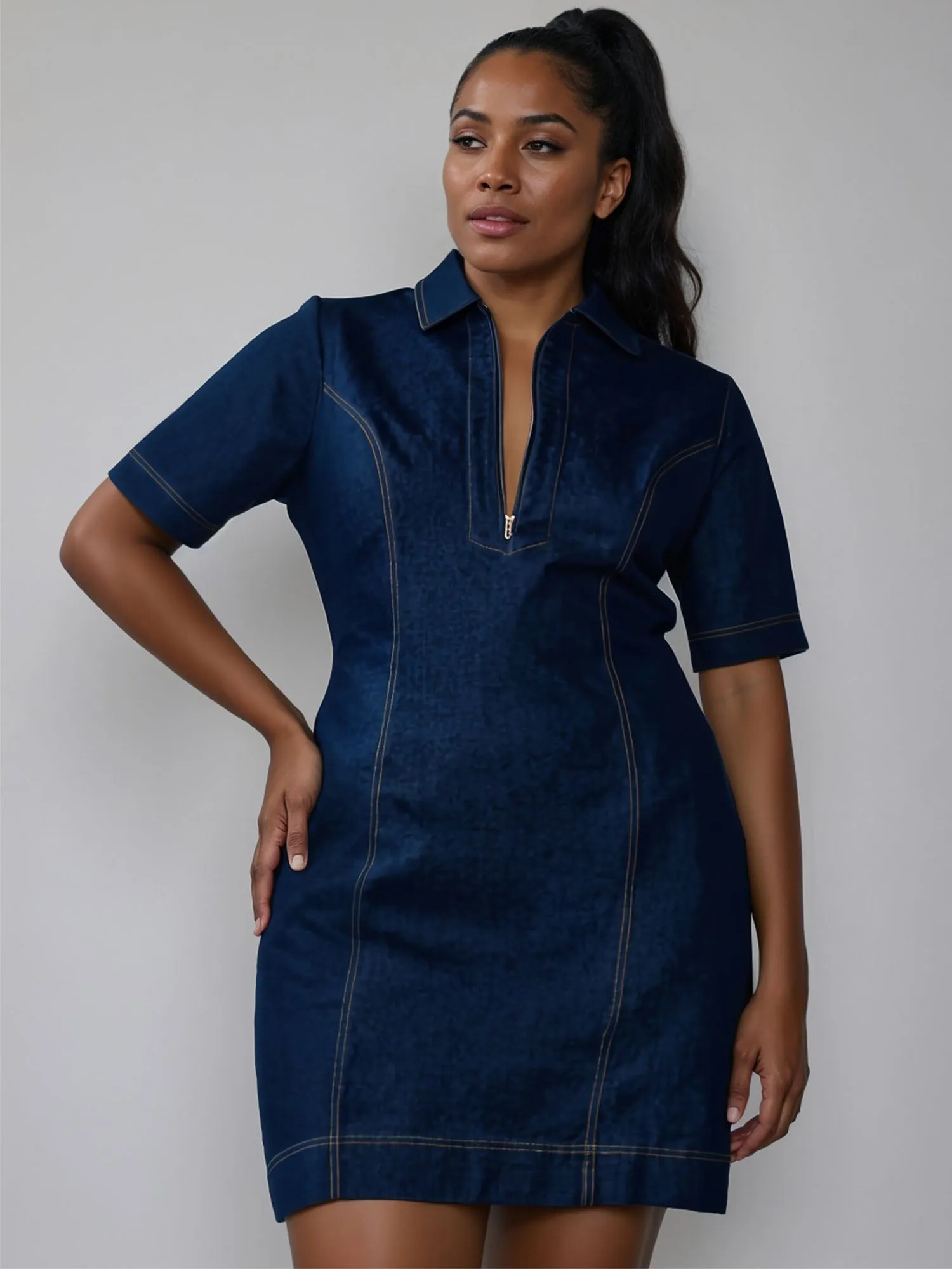 Plus Short Sleeve Zipper Denim Mini Dress