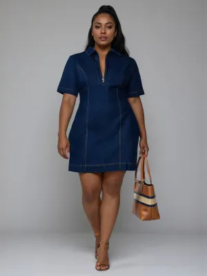 Plus Short Sleeve Zipper Denim Mini Dress