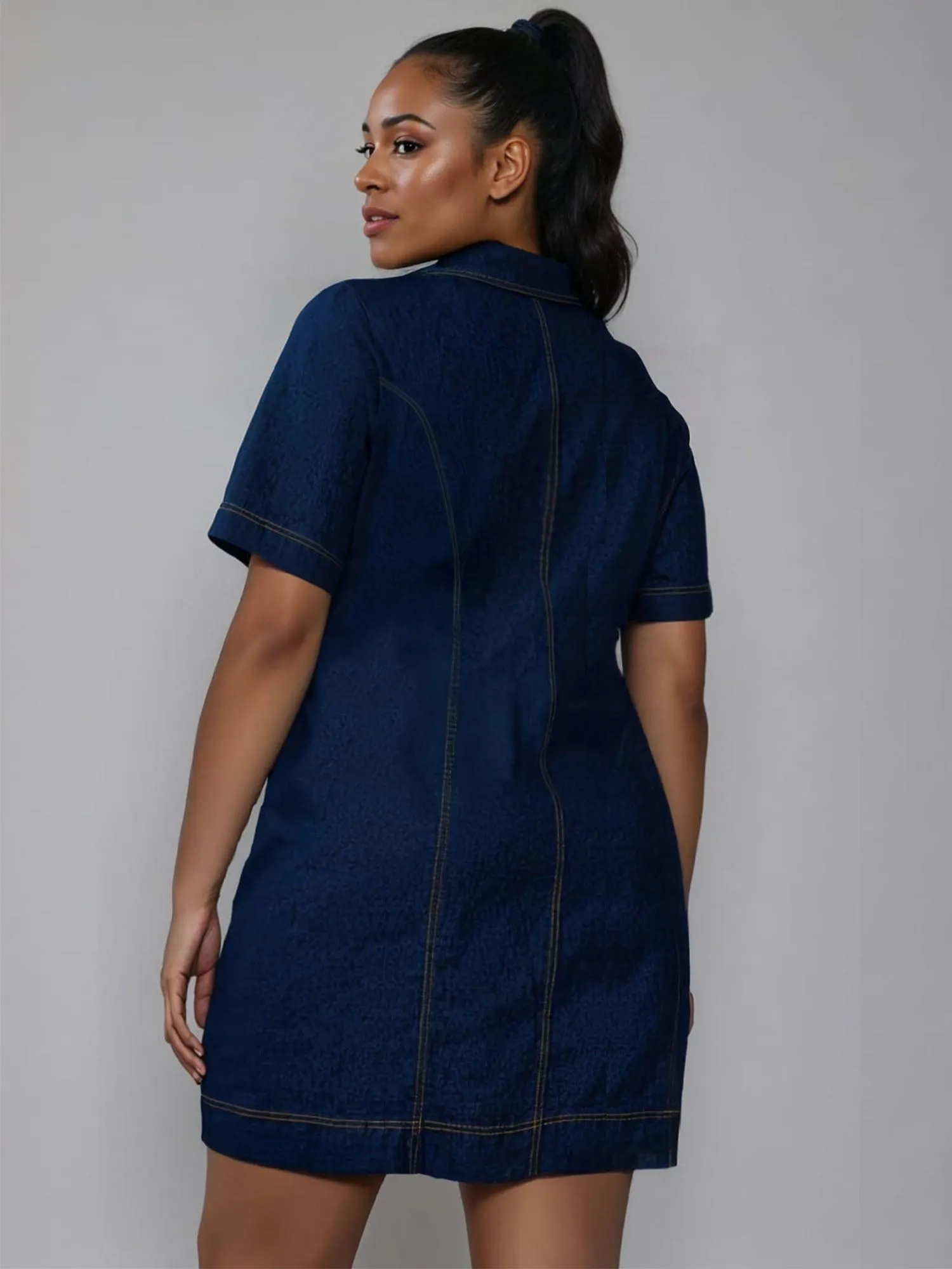 Plus Short Sleeve Zipper Denim Mini Dress