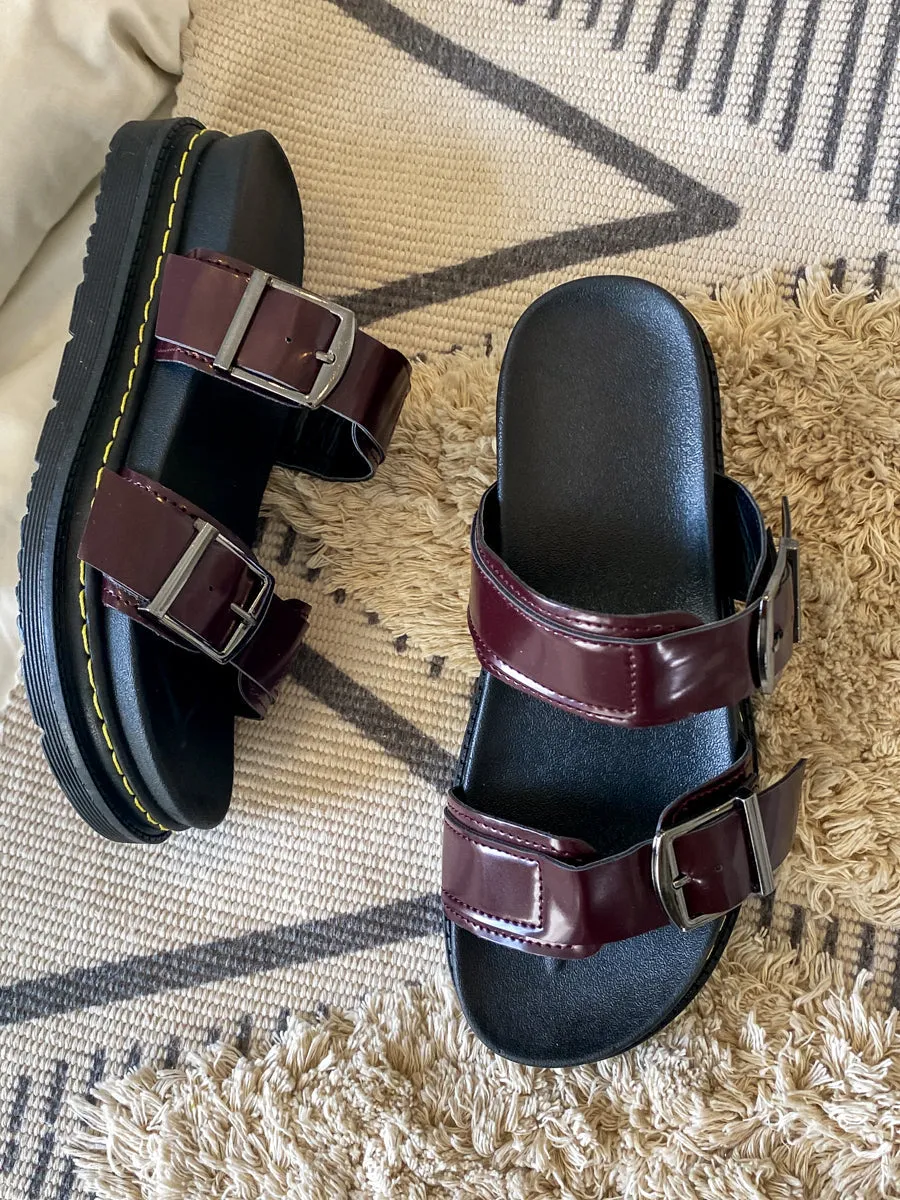 Purple Double-Strap Buckled Platform Sandals