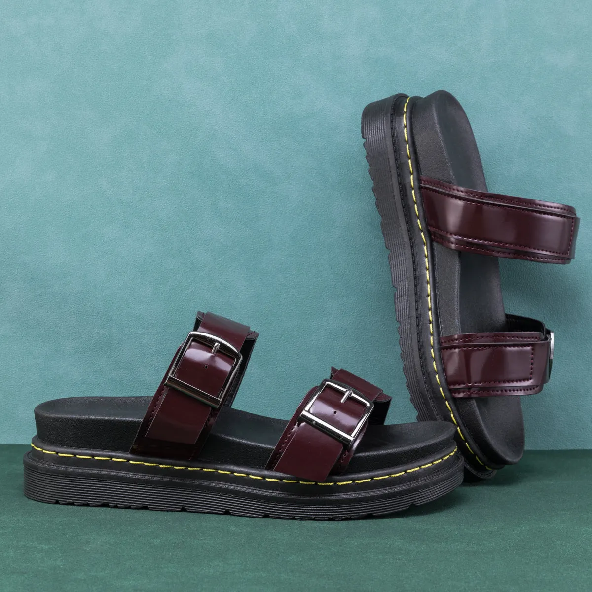 Purple Double-Strap Buckled Platform Sandals