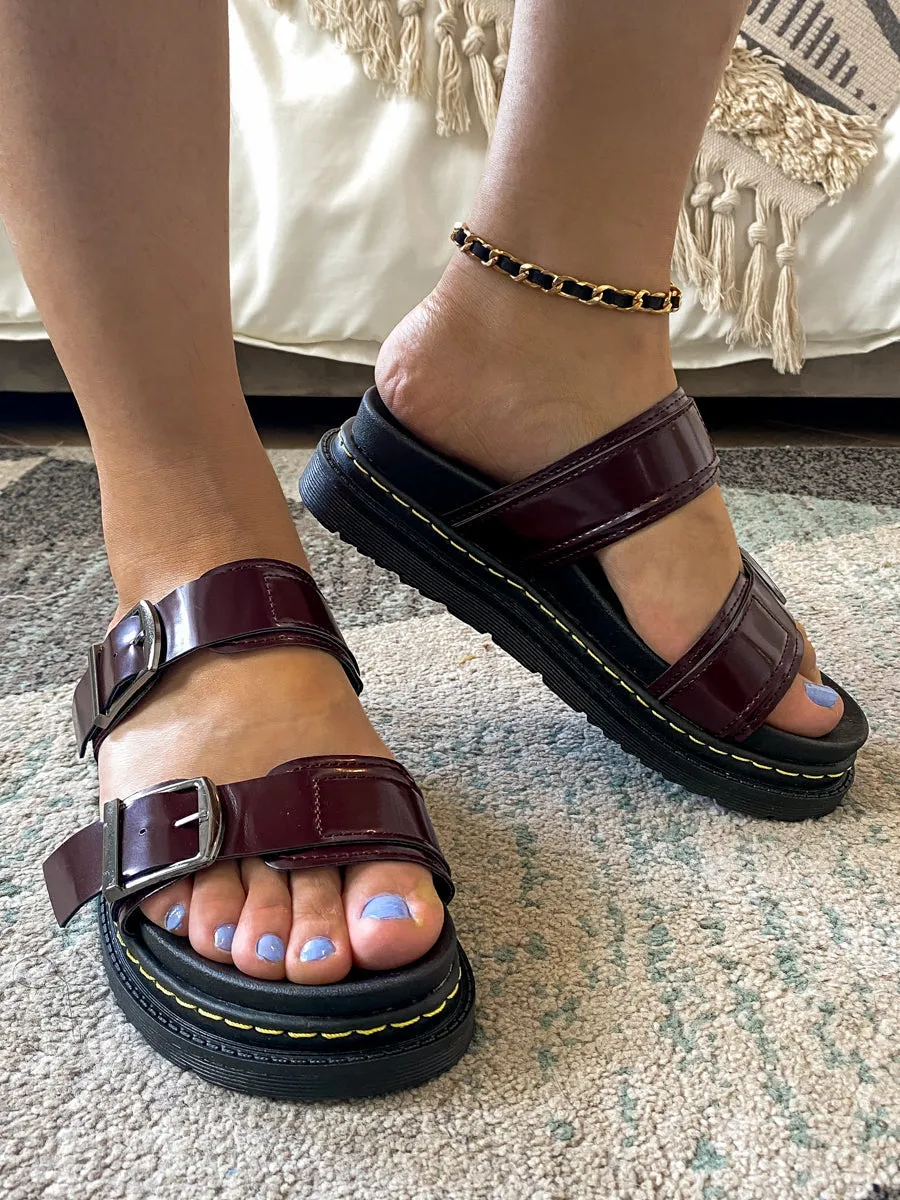Purple Double-Strap Buckled Platform Sandals
