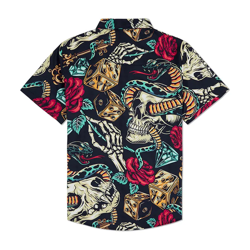 ROSE SKULL THORN SNAKE PRINTED ALOHA SHIRT
