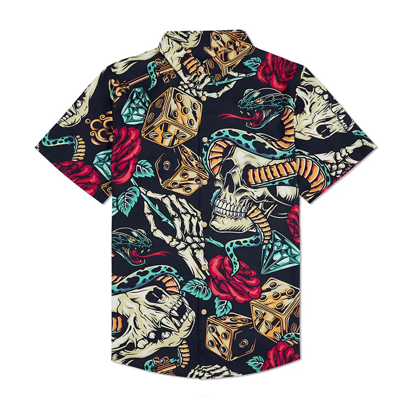ROSE SKULL THORN SNAKE PRINTED ALOHA SHIRT