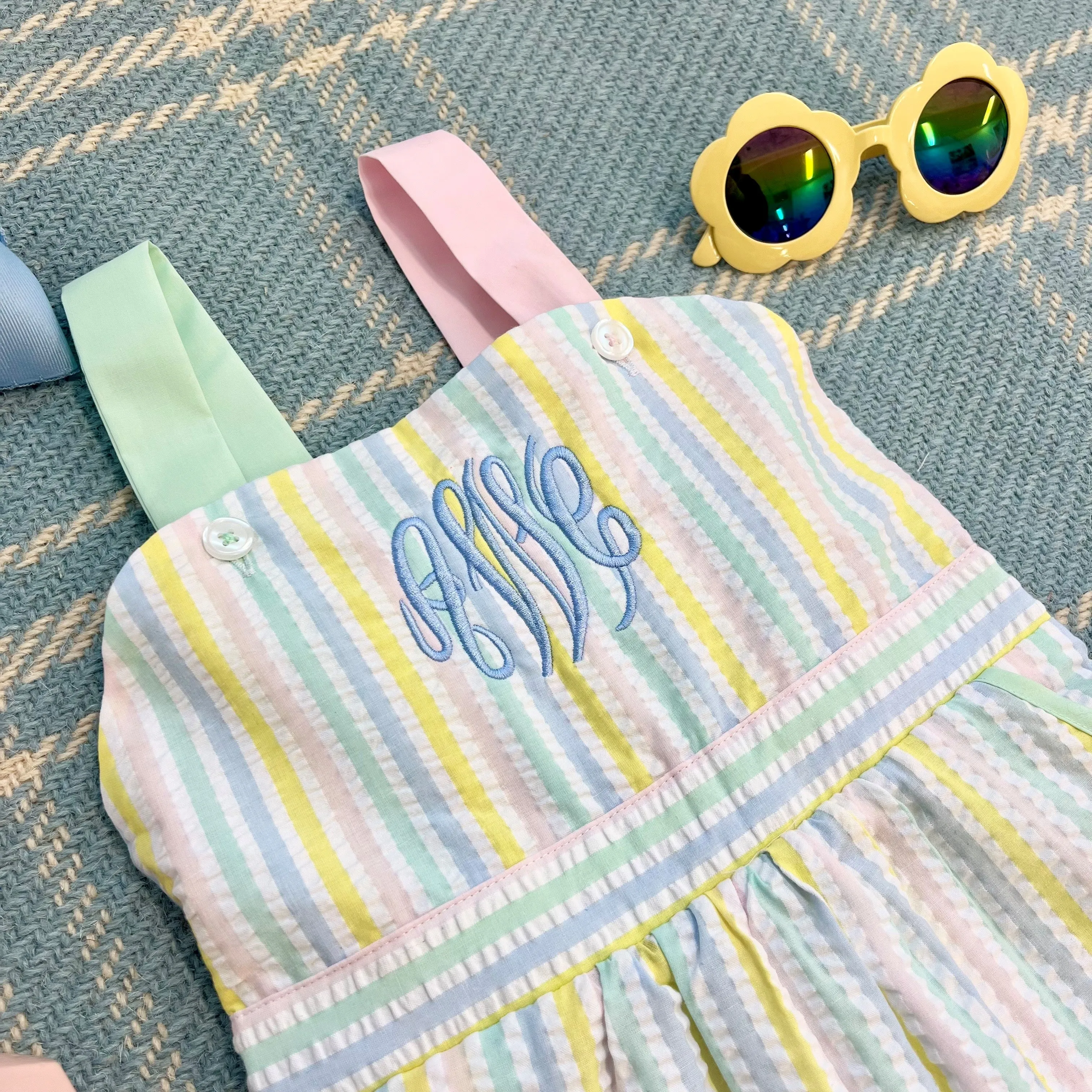 Ruthie Romper - Siesta Key Seersucker with Palm Beach Pink and Sea Island Seafoam