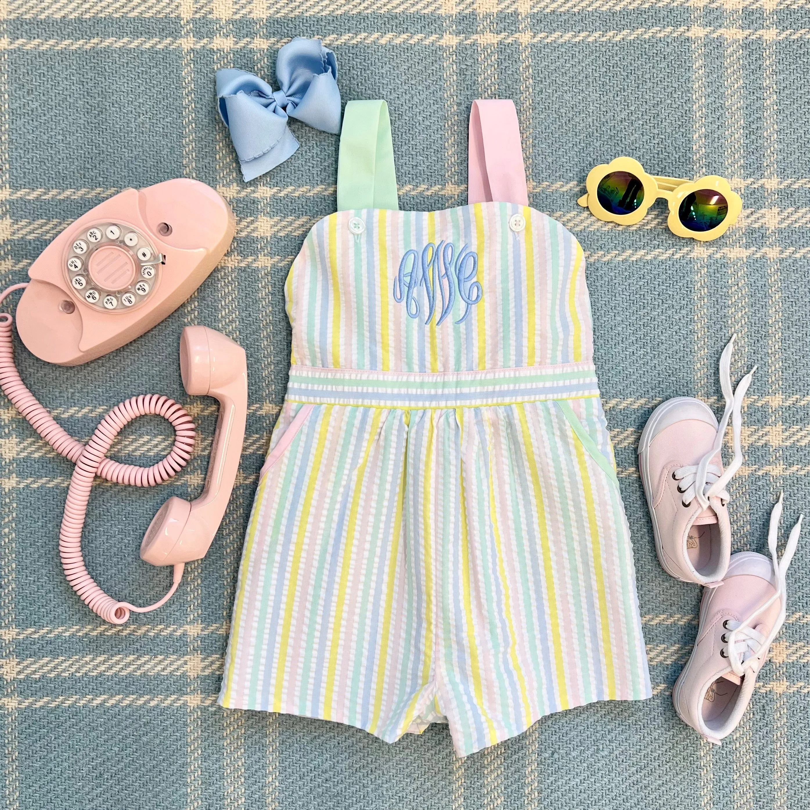 Ruthie Romper - Siesta Key Seersucker with Palm Beach Pink and Sea Island Seafoam