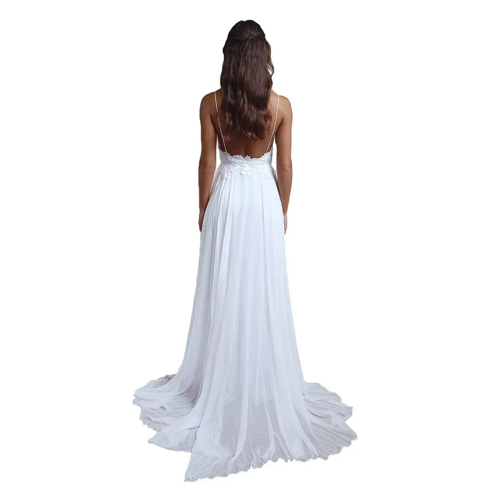 Spaghetti Straps Applique Backless Long Chiffon Beach Wedding Dress For Women