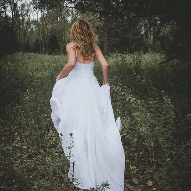 Spaghetti Straps Applique Backless Long Chiffon Beach Wedding Dress For Women