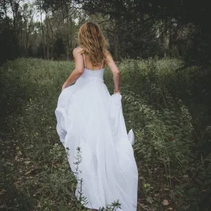 Spaghetti Straps Applique Backless Long Chiffon Beach Wedding Dress For Women