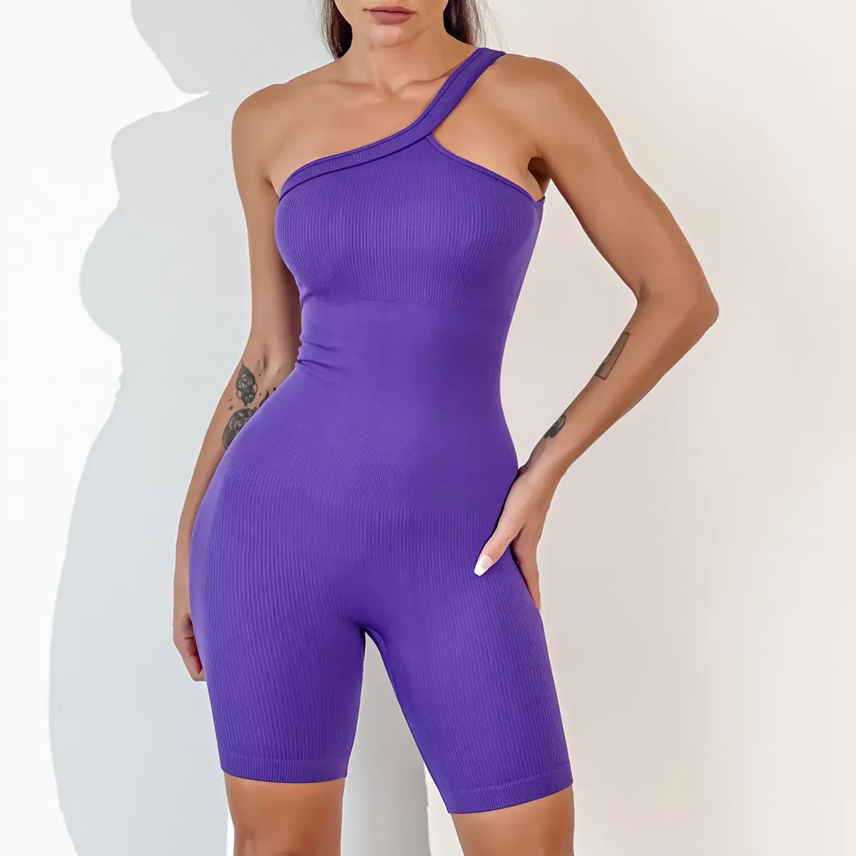 Tanis One-Shoulder Ribbed Knit Romper