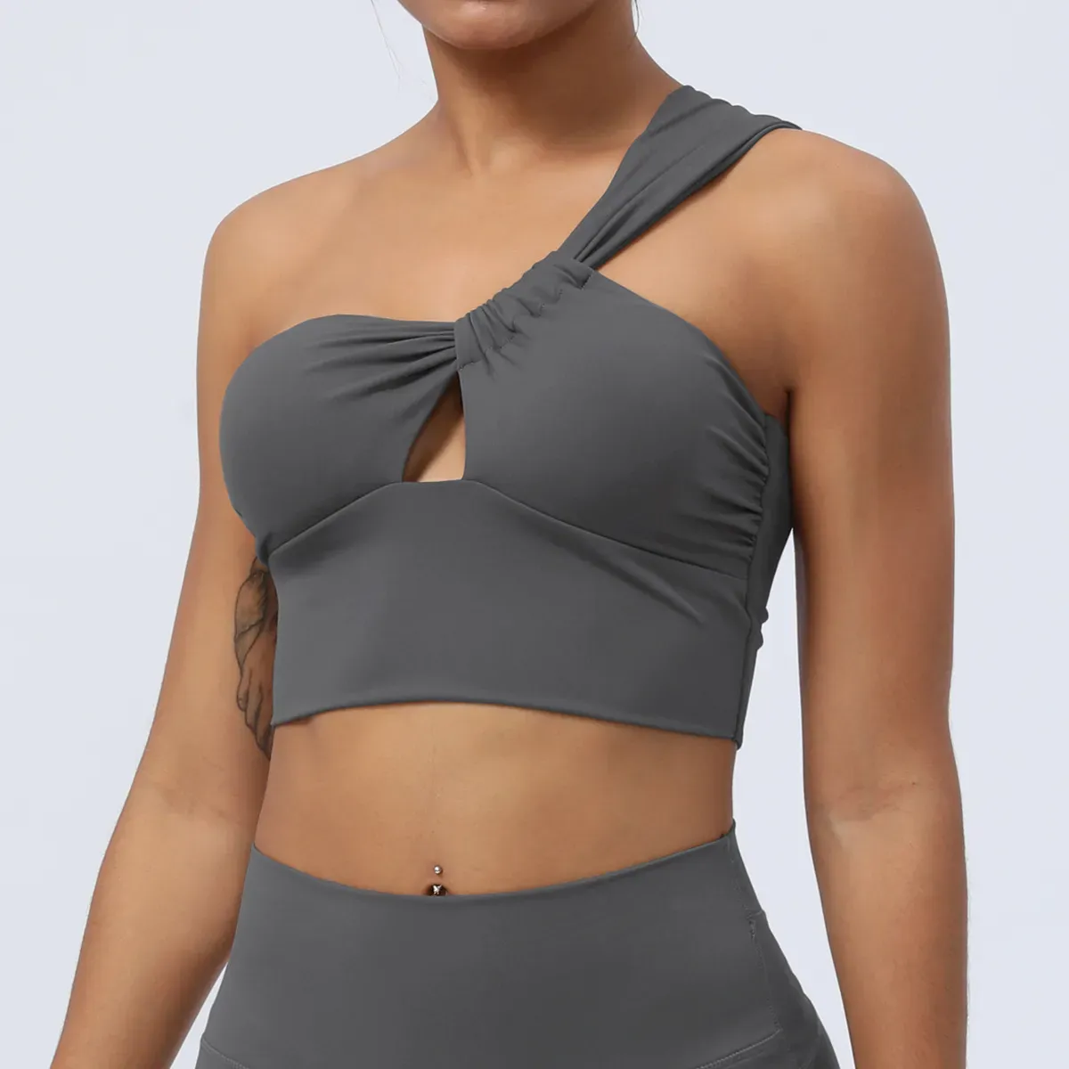 Trix One-Shoulder Ruched Cutout Cropped Workout Top