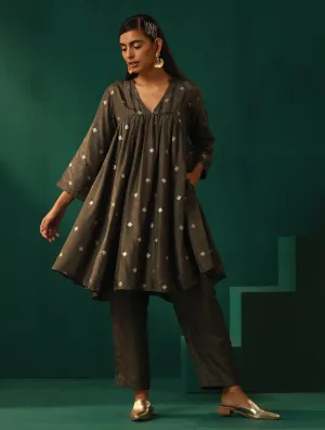 trueBrowns Grey Diamond Viscose Silk Yoke Gathered Co-ord Set