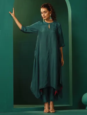 trueBrowns Teal Silk Handkerchief Kurta Pant Set