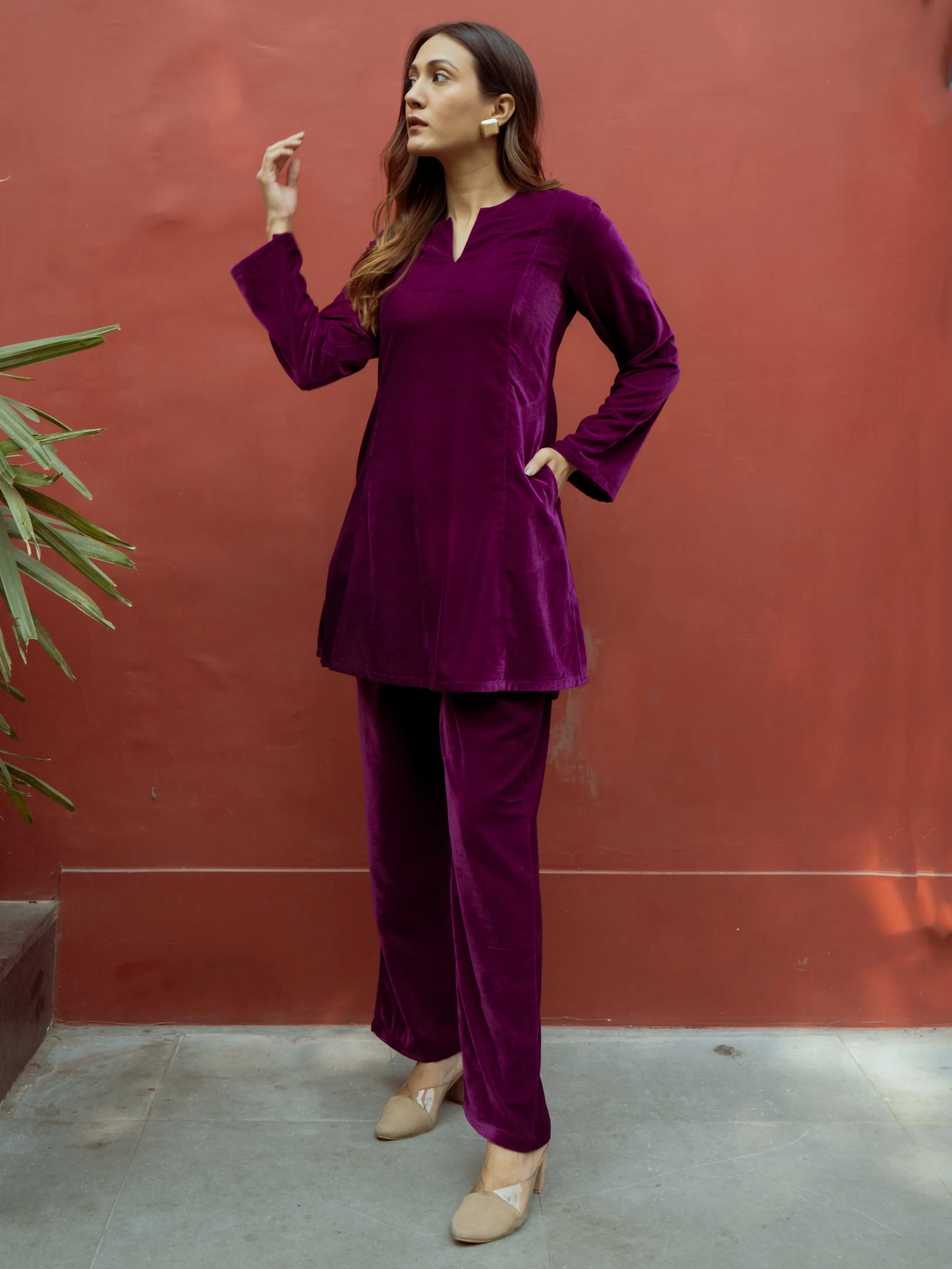 Wine Solid Velvet Co-Ord Set