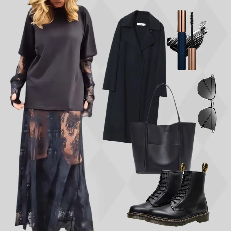 Women's Elegant Sheer Lace Dress with T-Shirt 2-Piece Set