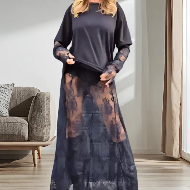 Women's Elegant Sheer Lace Dress with T-Shirt 2-Piece Set