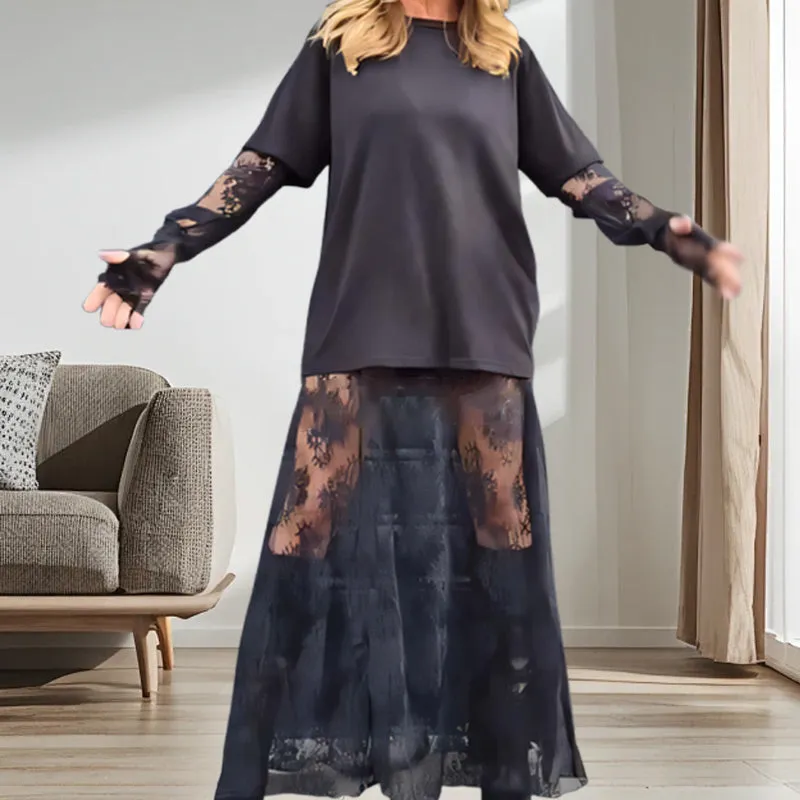 Women's Elegant Sheer Lace Dress with T-Shirt 2-Piece Set