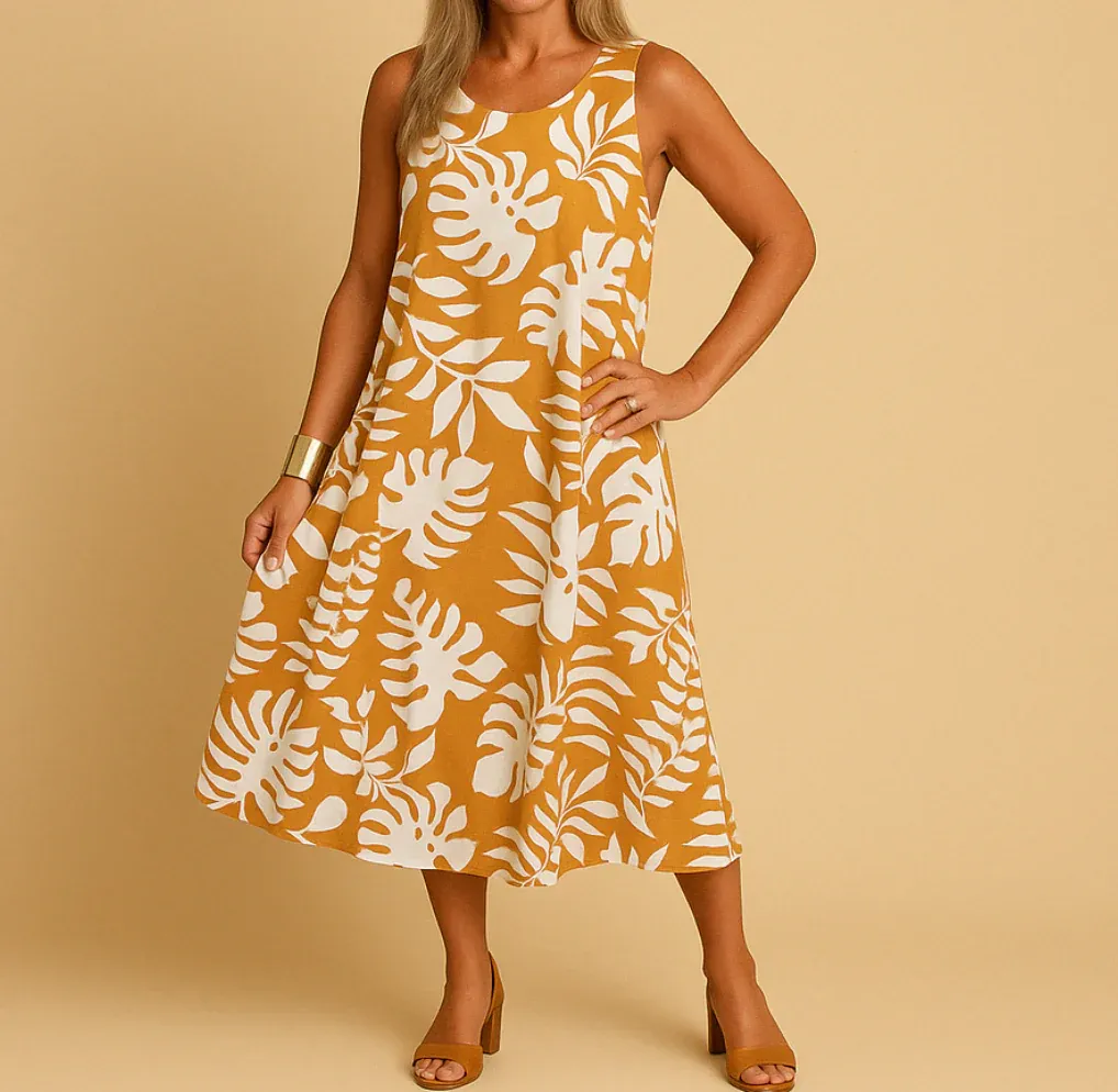 Wony - Sleeveless Dress with Leaf Pattern